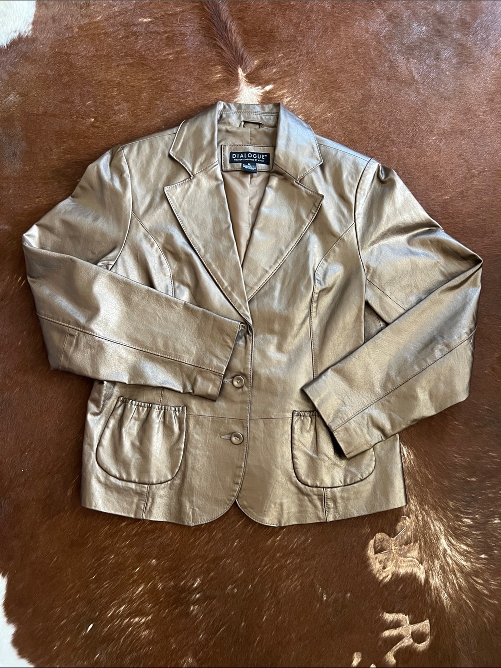 Dialogue Leather Jacket Blazer Vintage Pearlized Camel Lt Taupe, Size M